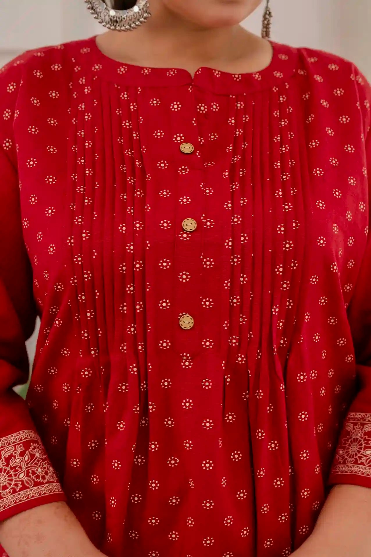 Maroon Printed Pintucked Gathered Plus Size Kurti