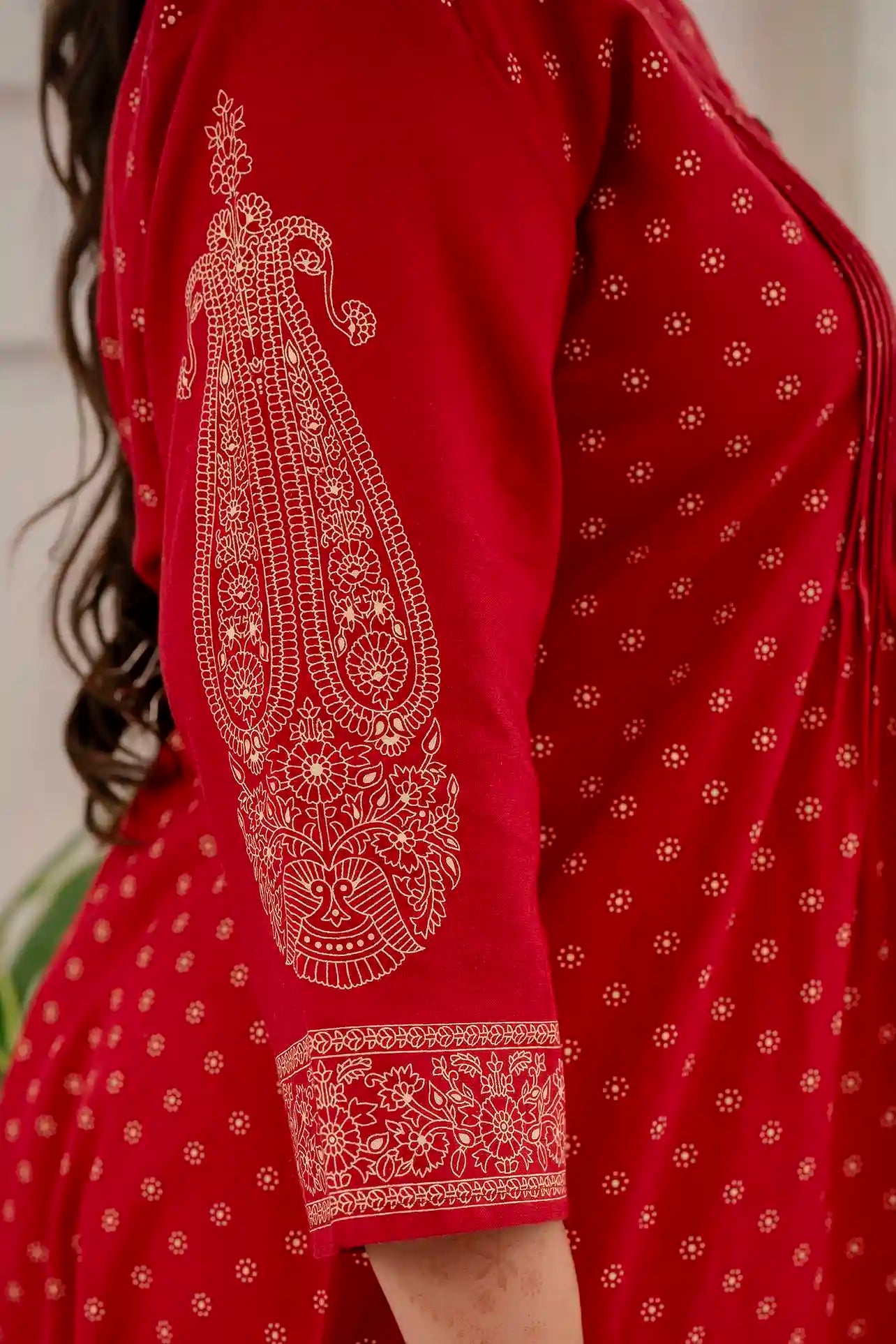 Maroon Printed Pintucked Gathered Plus Size Kurti