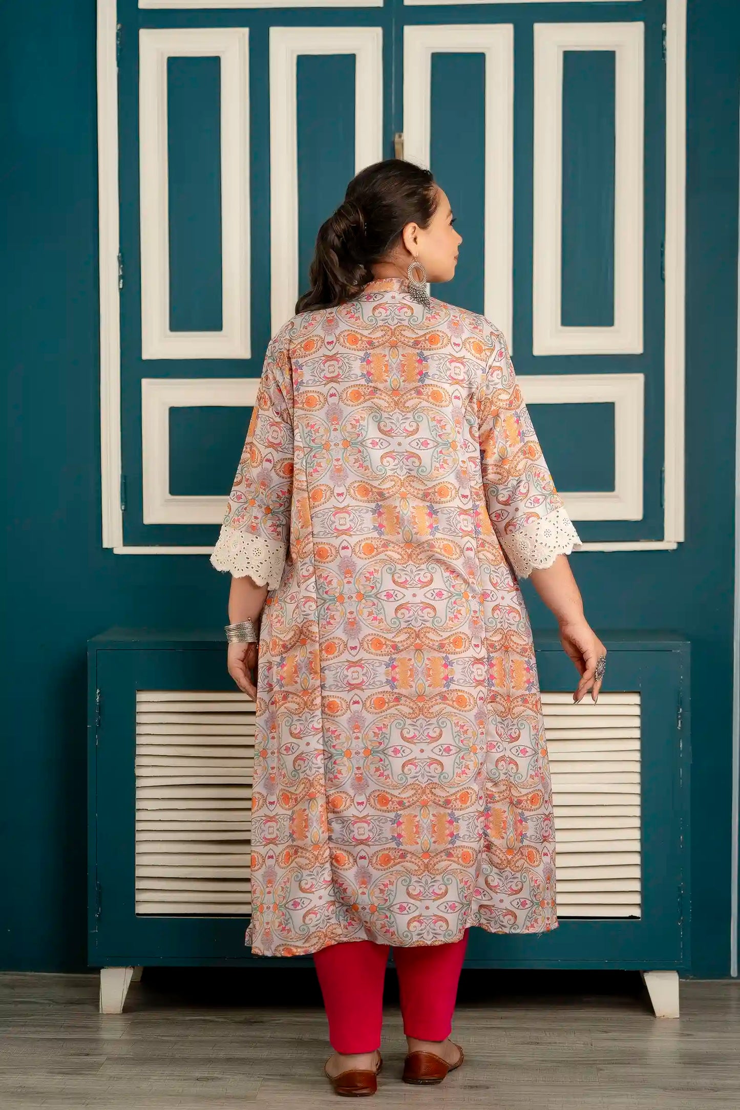 Grey Paisley Lace Detailing Plus Size Kurti