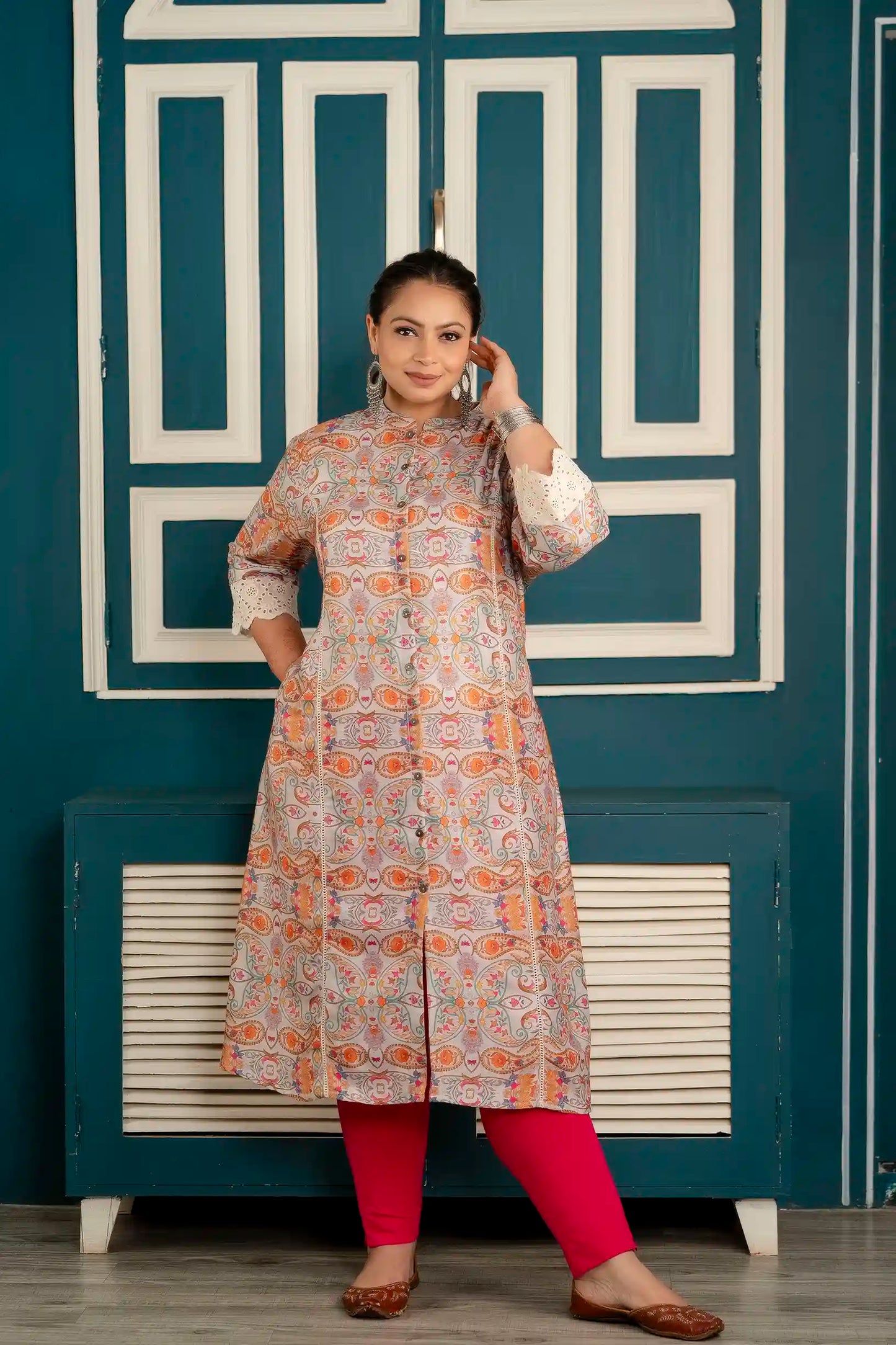 Grey Paisley Lace Detailing Plus Size Kurti