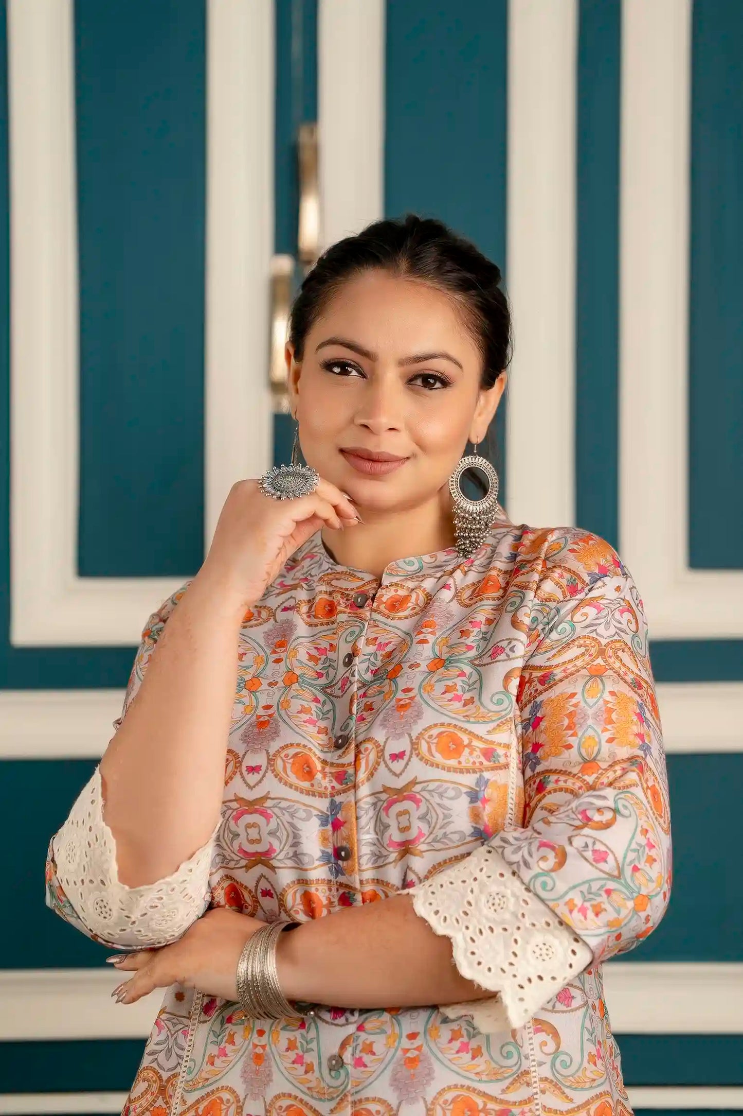 Grey Paisley Lace Detailing Plus Size Kurti