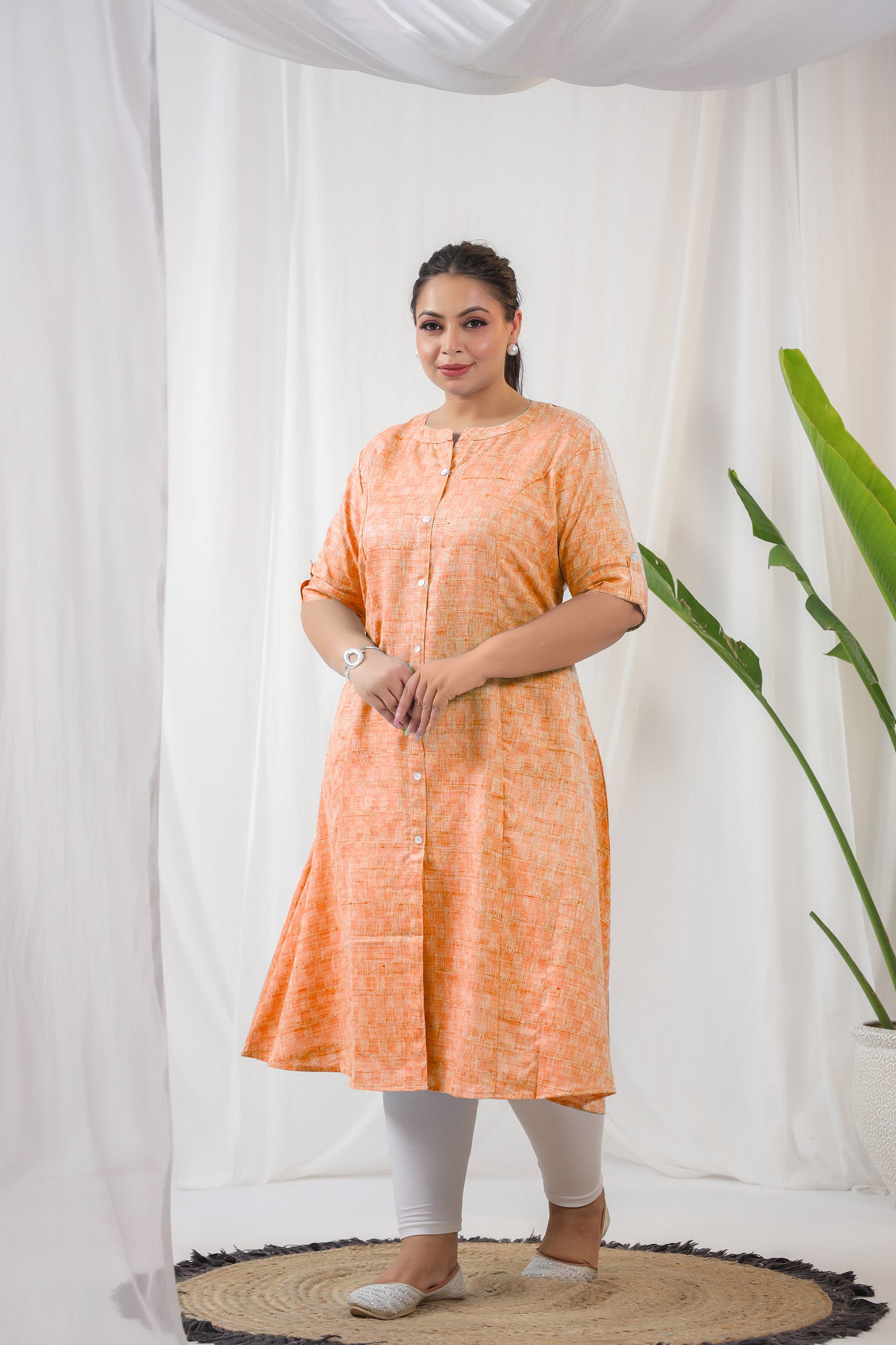 Orange Textured Plus Cotton Kurti