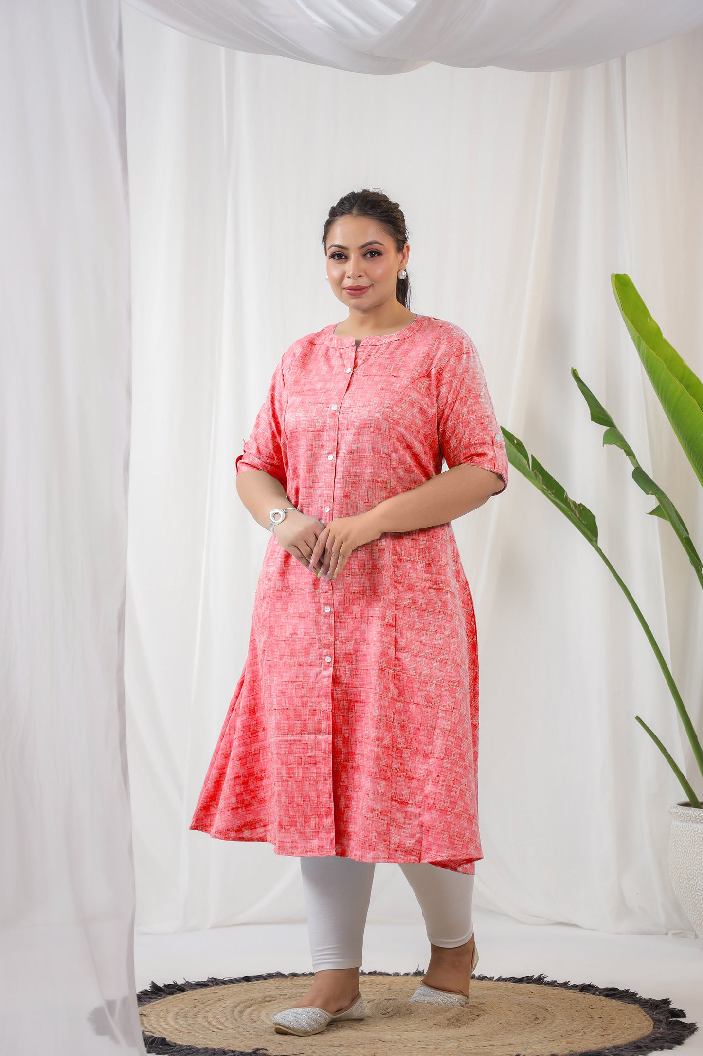 Pink Textured Plus Cotton Kurti