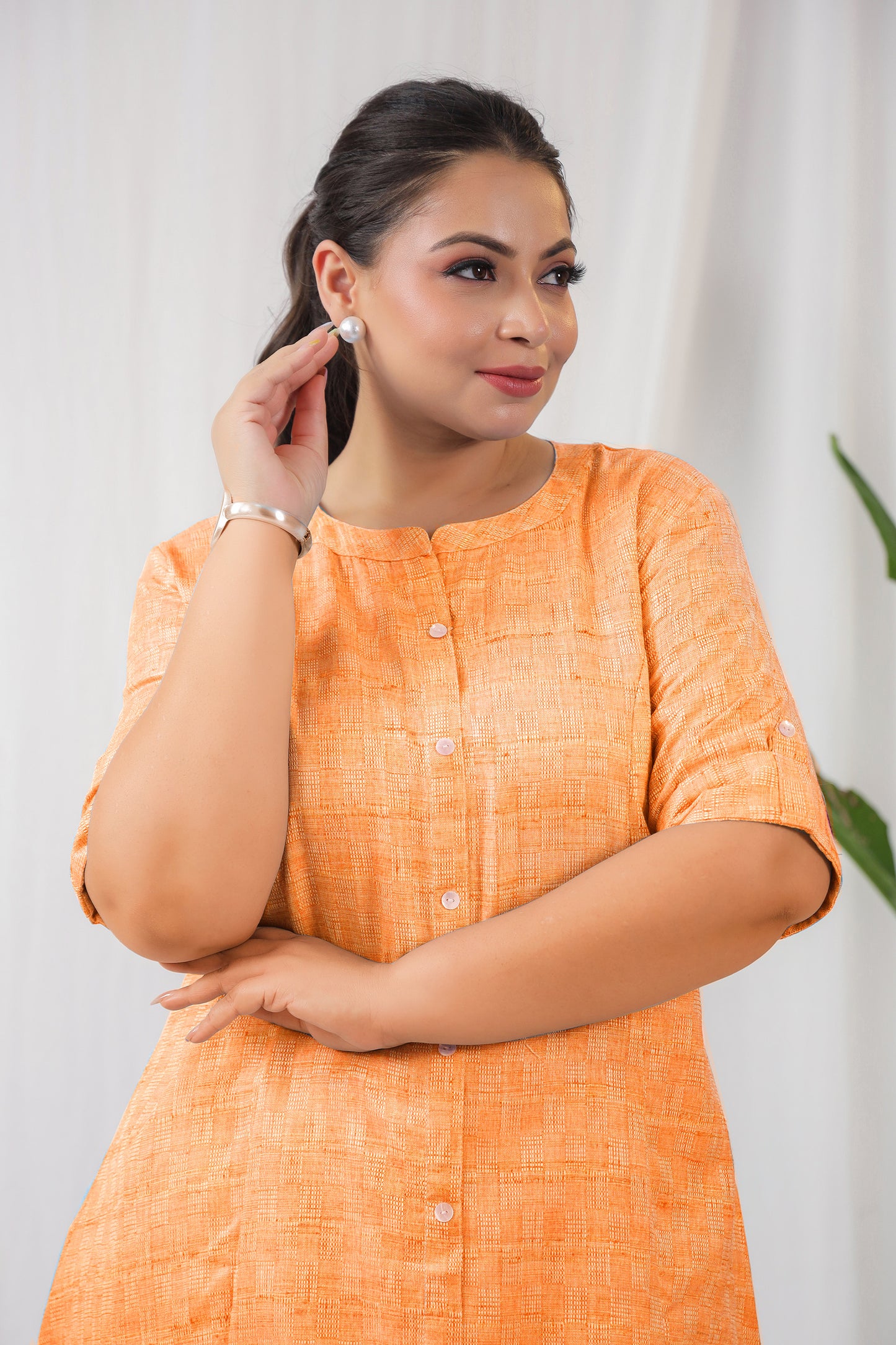 Orange Textured Plus Cotton Kurti