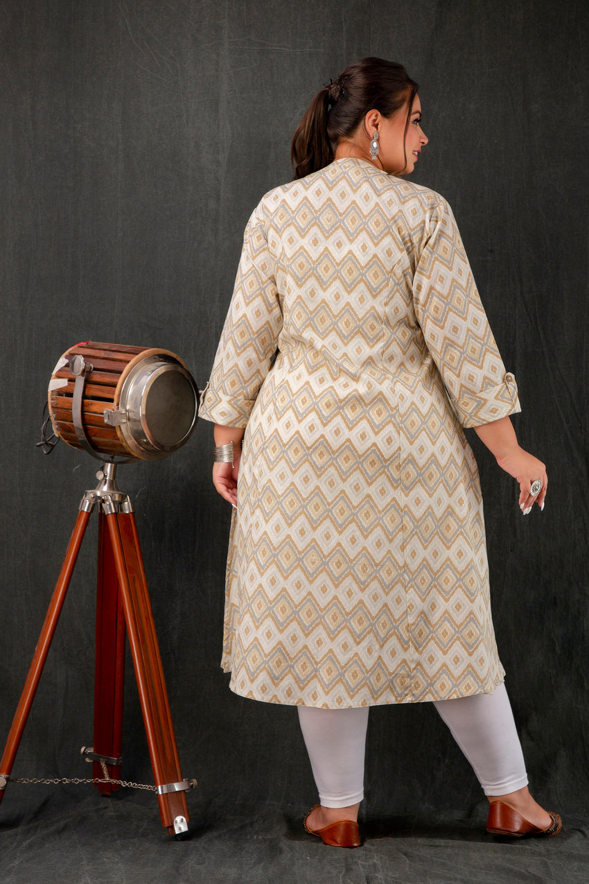 Beige Ikkat Plus Size A-Line Kurti