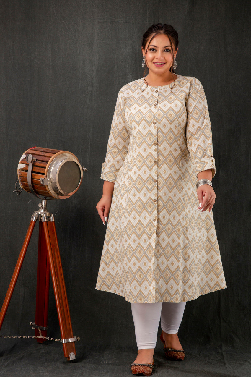 Beige Ikkat Plus Size A-Line Kurti