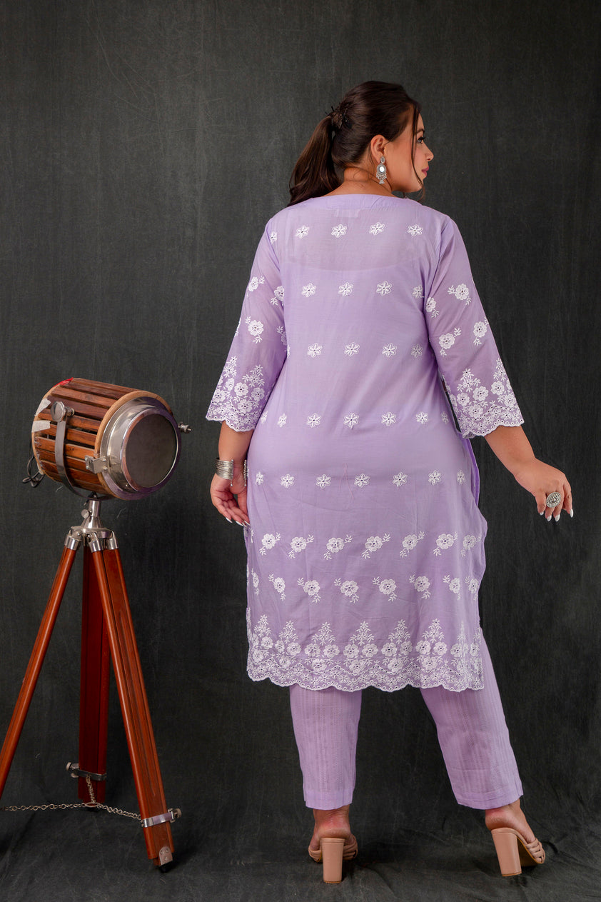Purple Schiffli Plus Size Sraight Suit Set