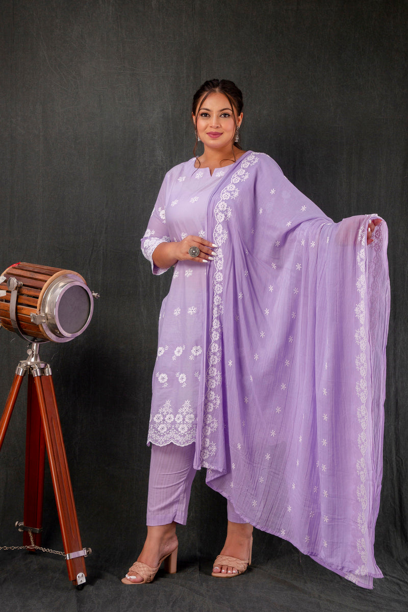Purple Schiffli Plus Size Sraight Suit Set