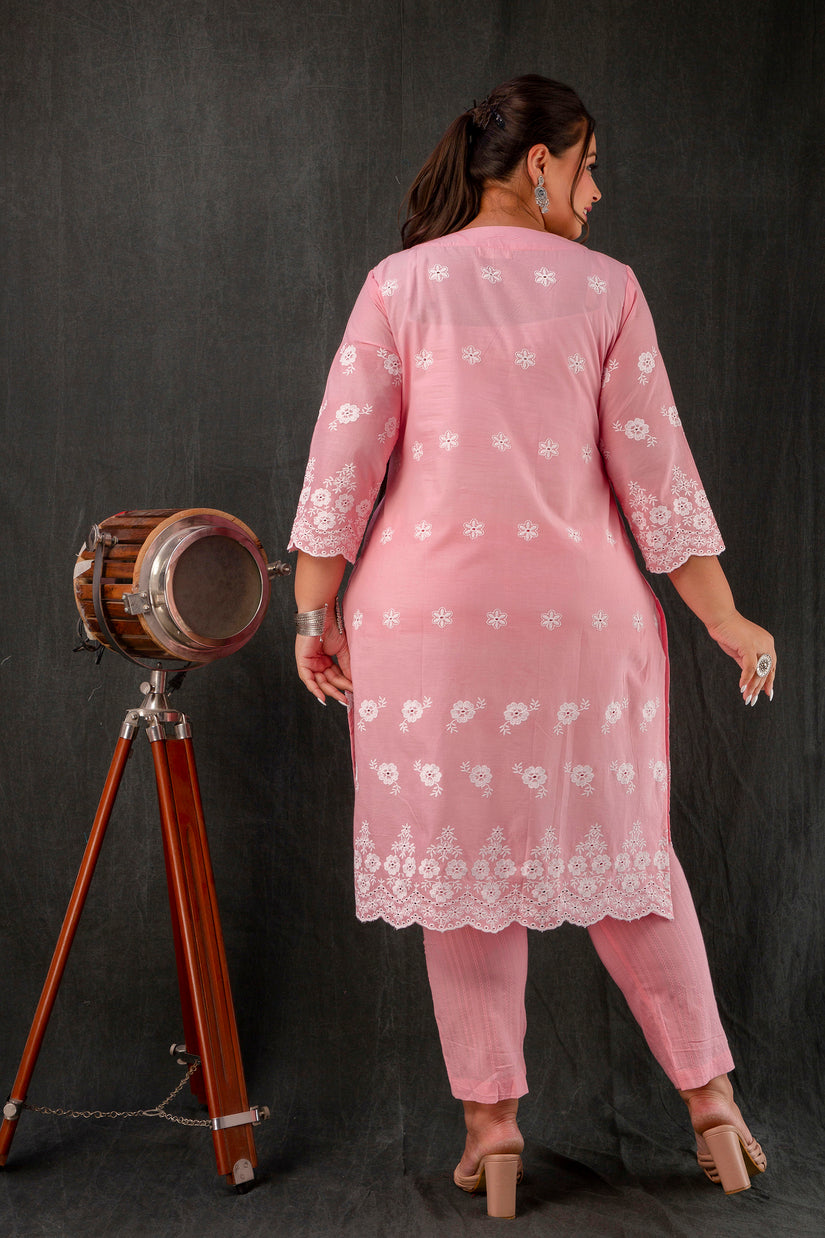 Pink Schiffli Plus Size Sraight Suit Set