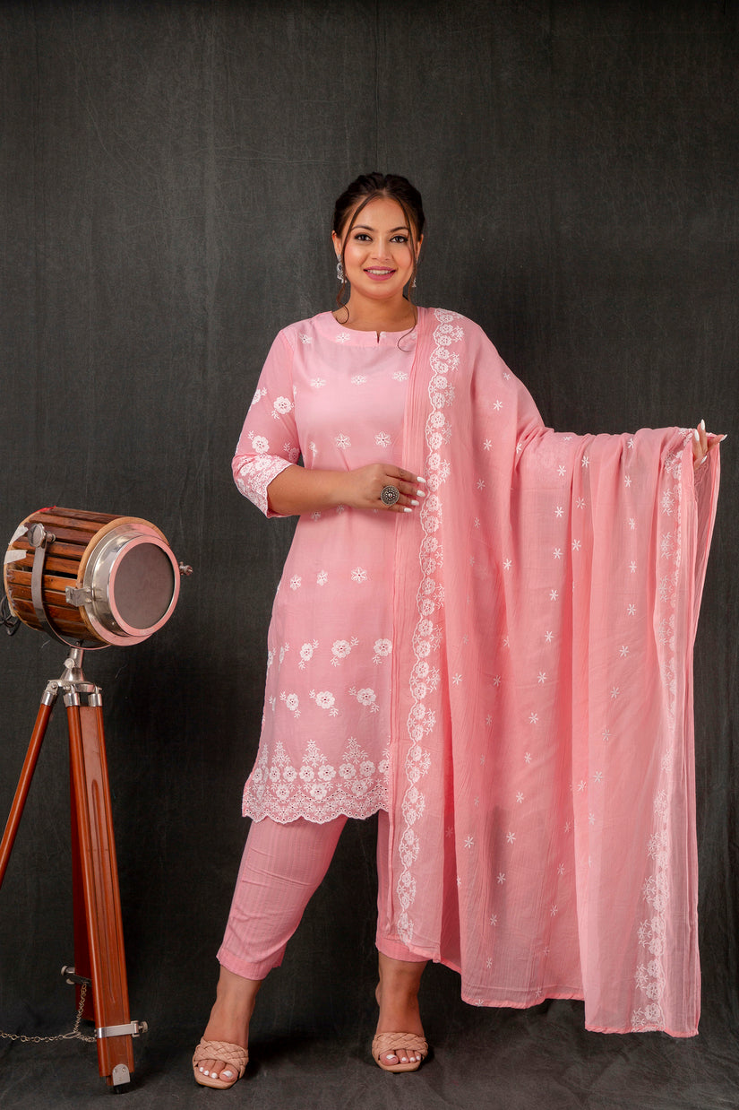 Pink Schiffli Plus Size Sraight Suit Set