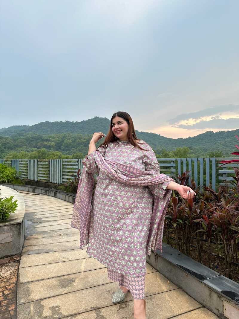 Purple- Green Patti Plus Size Straight Suit Set