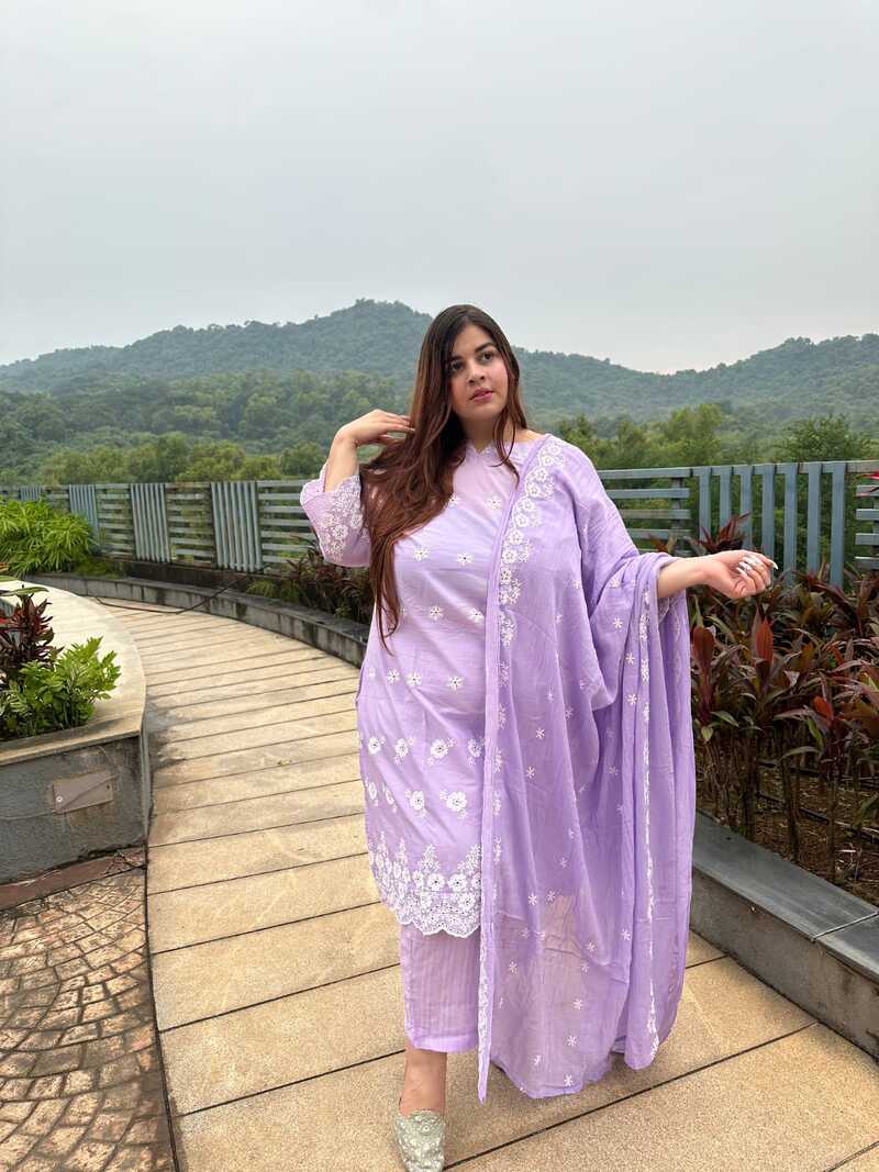 Purple Schiffli Plus Size Sraight Suit Set