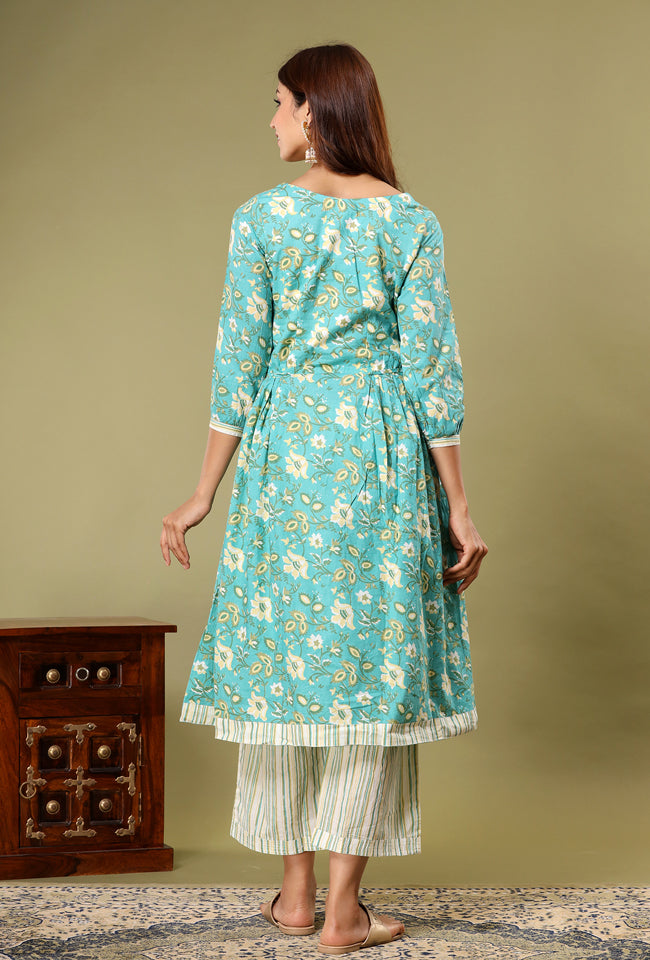 Sea Green Stripe Anarkali Set With Pockets