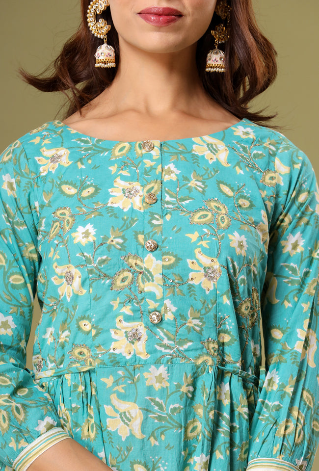 Sea Green Stripe Anarkali Set With Pockets