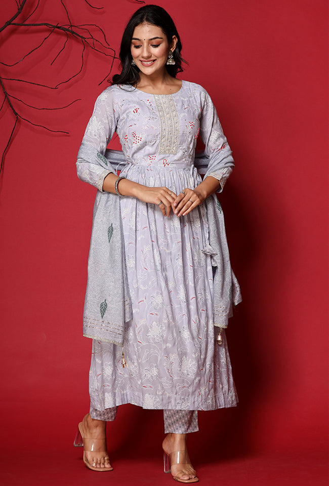 Grey Naaz Suit Set With Tassel Dupatta
