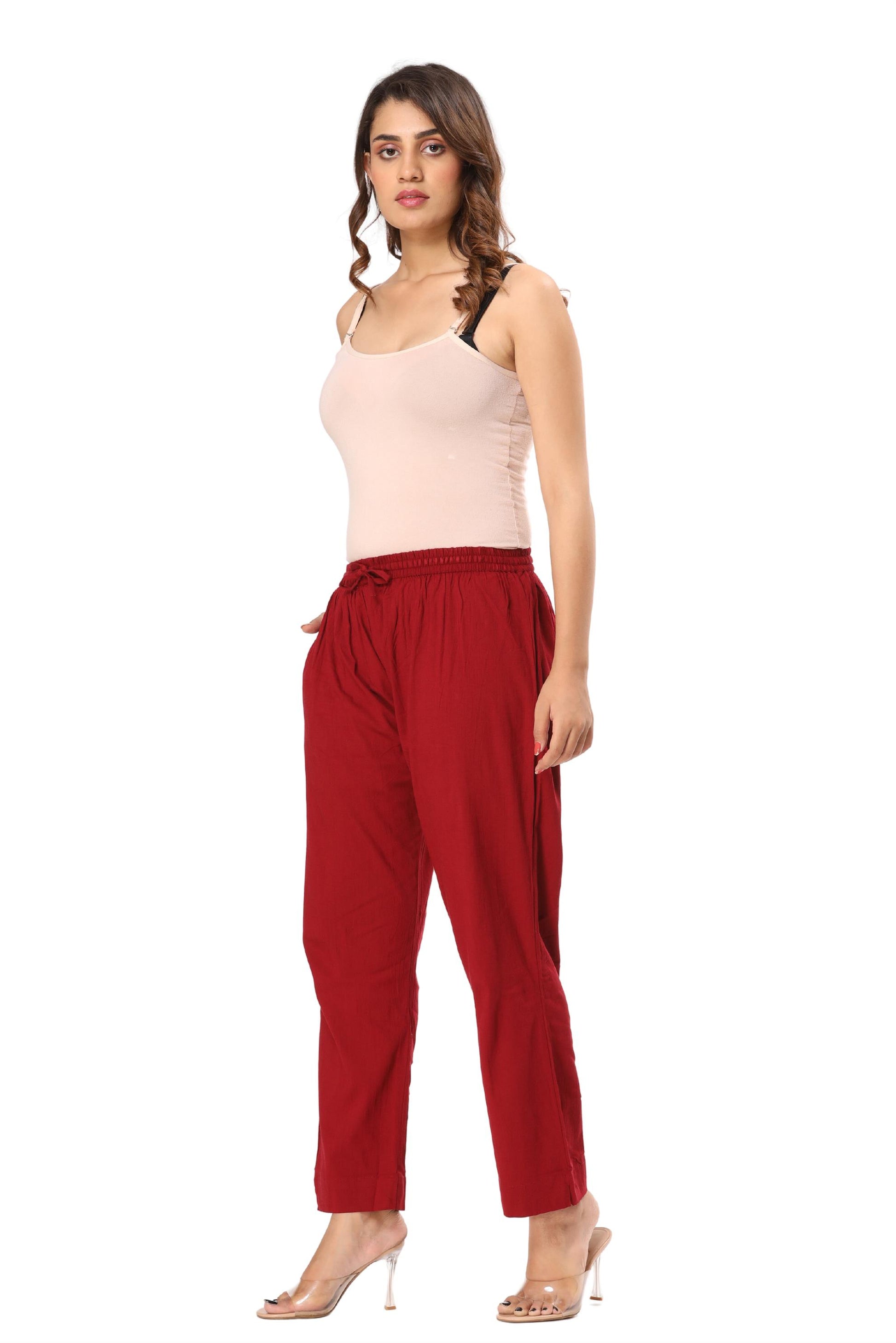 2-way stretch Maroon Cotton Lycra Pants – LaaliJaipur