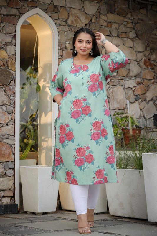 Green Floral Straight Plus Size Cotton Kurti