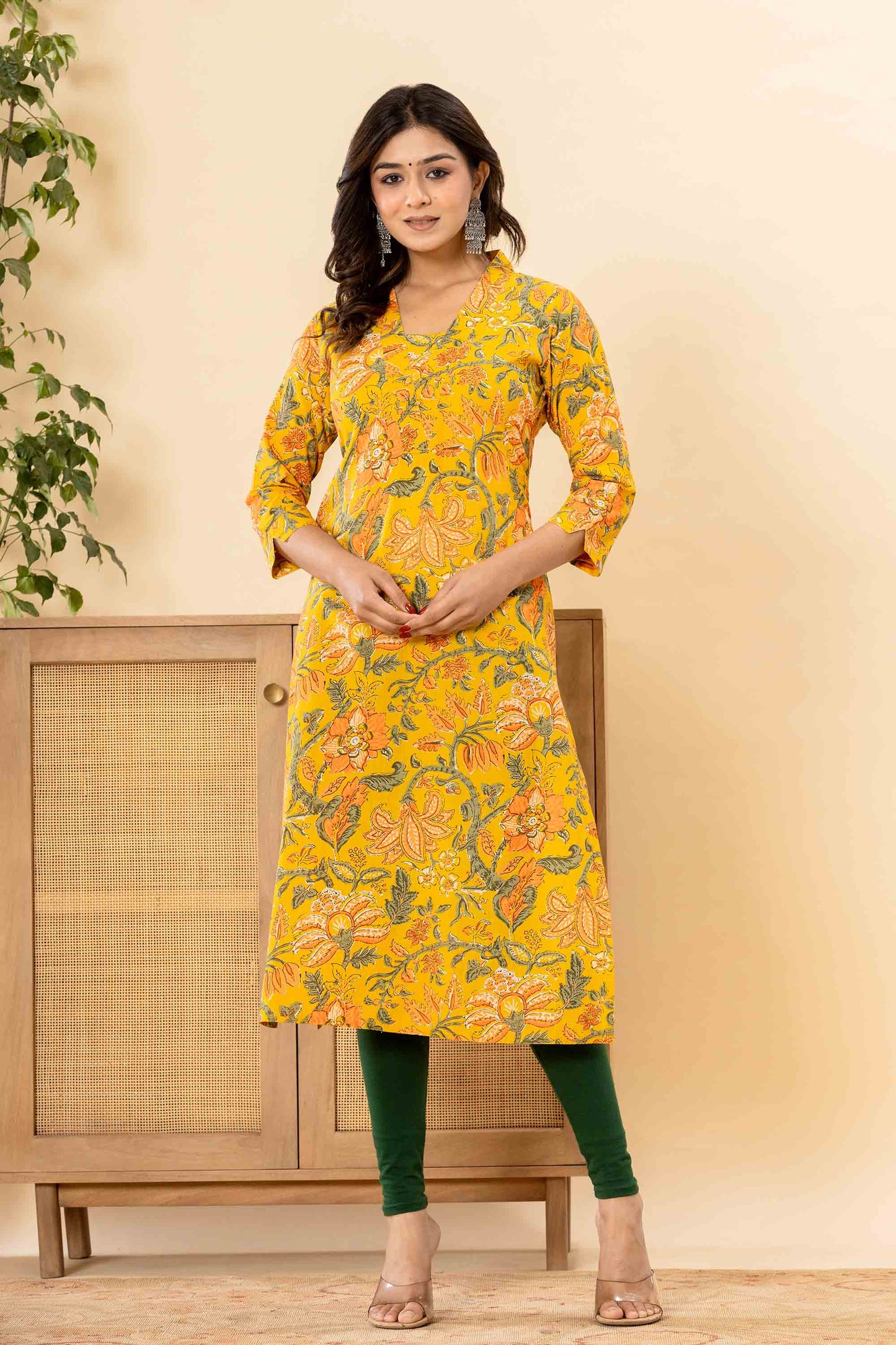 Mustard V-neck Straight Kurti