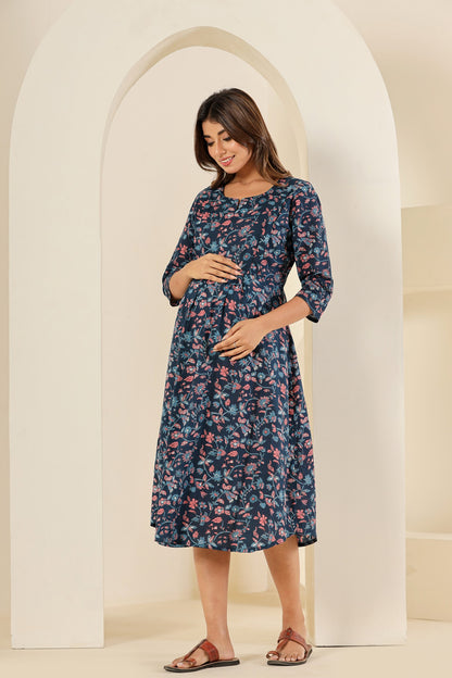 Cuchikoo by Laali Forever Love Floral Blue Maternity Dress