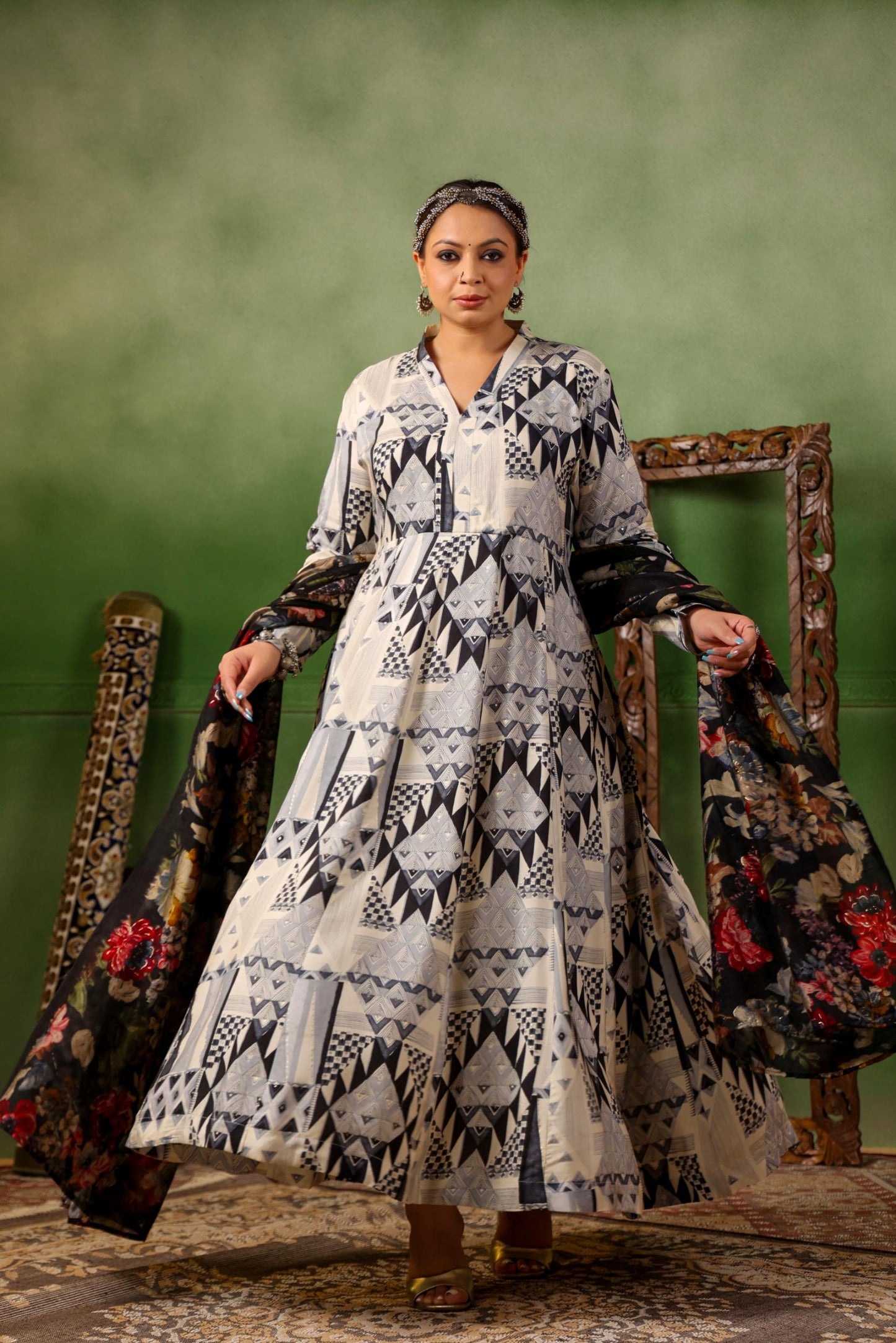Aarzu Printed Plus Anarkali Dress with Dupatta