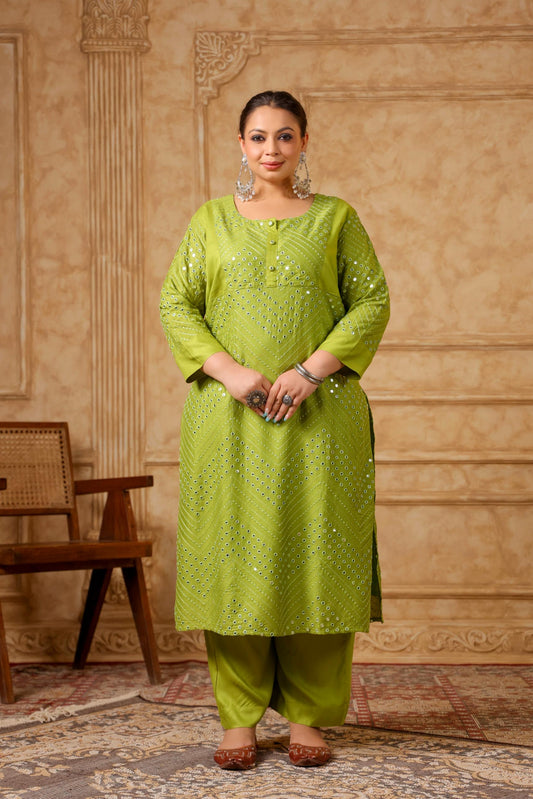 Mehboob Green Mirror-work Plus Kurta Pant Set