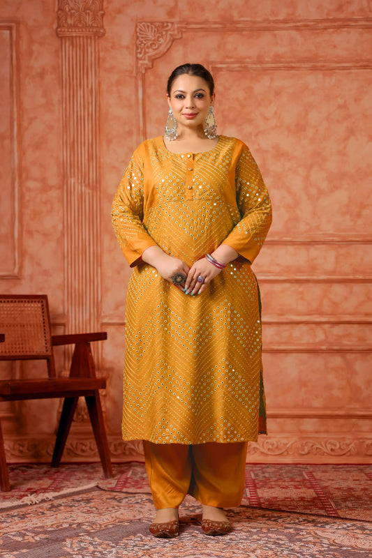 Mehboob Mustard Mirror-work Plus Kurta Pant Set