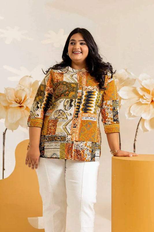 Orange Yellow Patchwork Plus Short Kurti