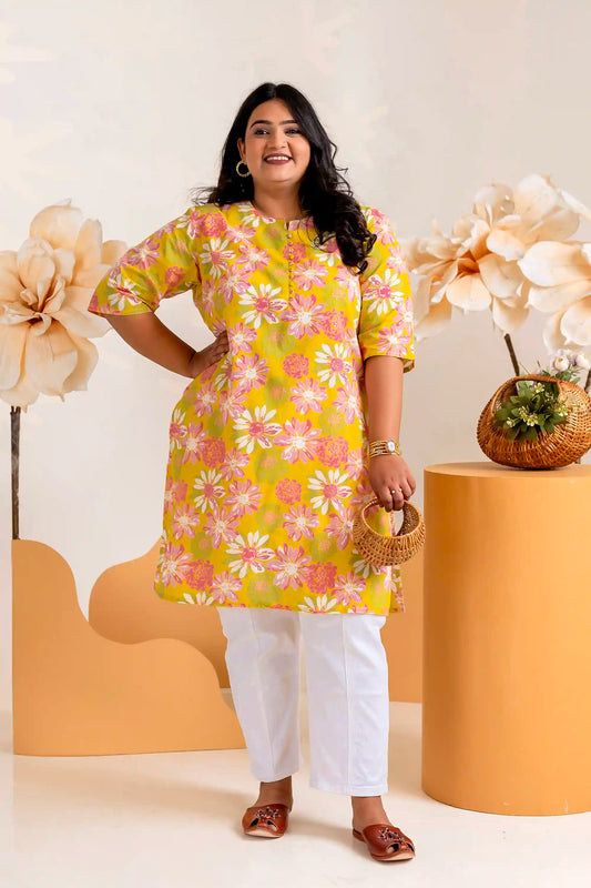 Yellow Katha Printed Plus Short Kurti