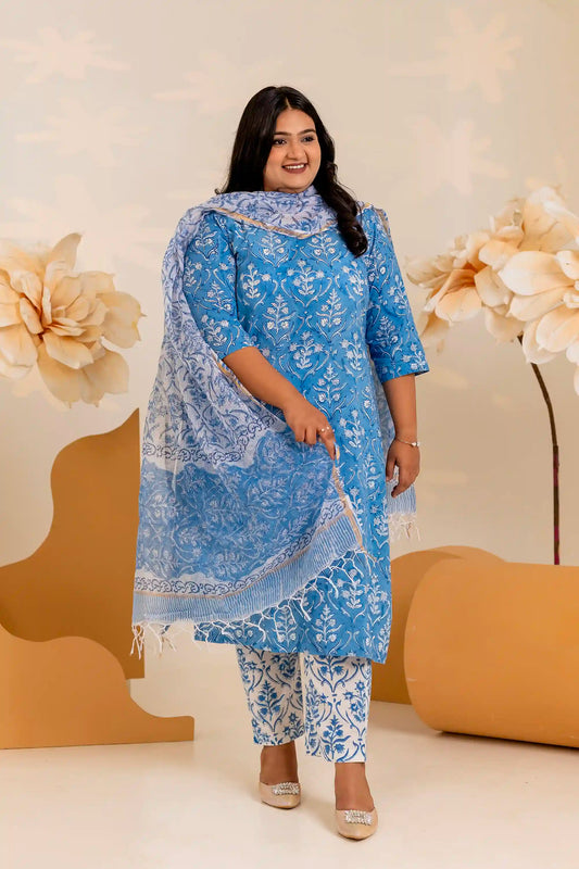 Light Blue Handblock Plus Size Suit Set