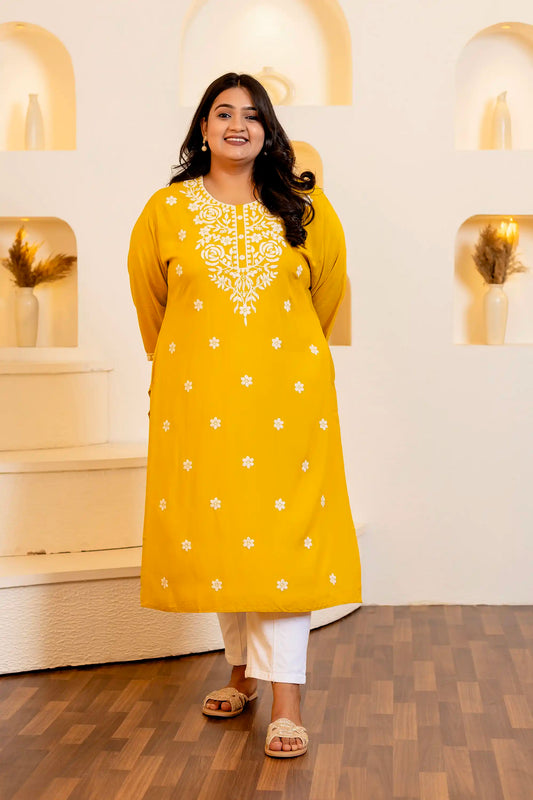 Mustard Embroidery Detailing Plus Cotton Kurti