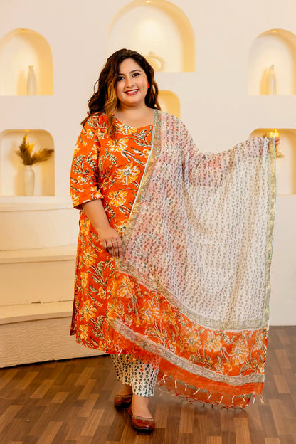 Orange Handblock Plus Size Suit Set