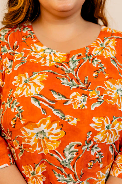 Orange Handblock Plus Size Suit Set