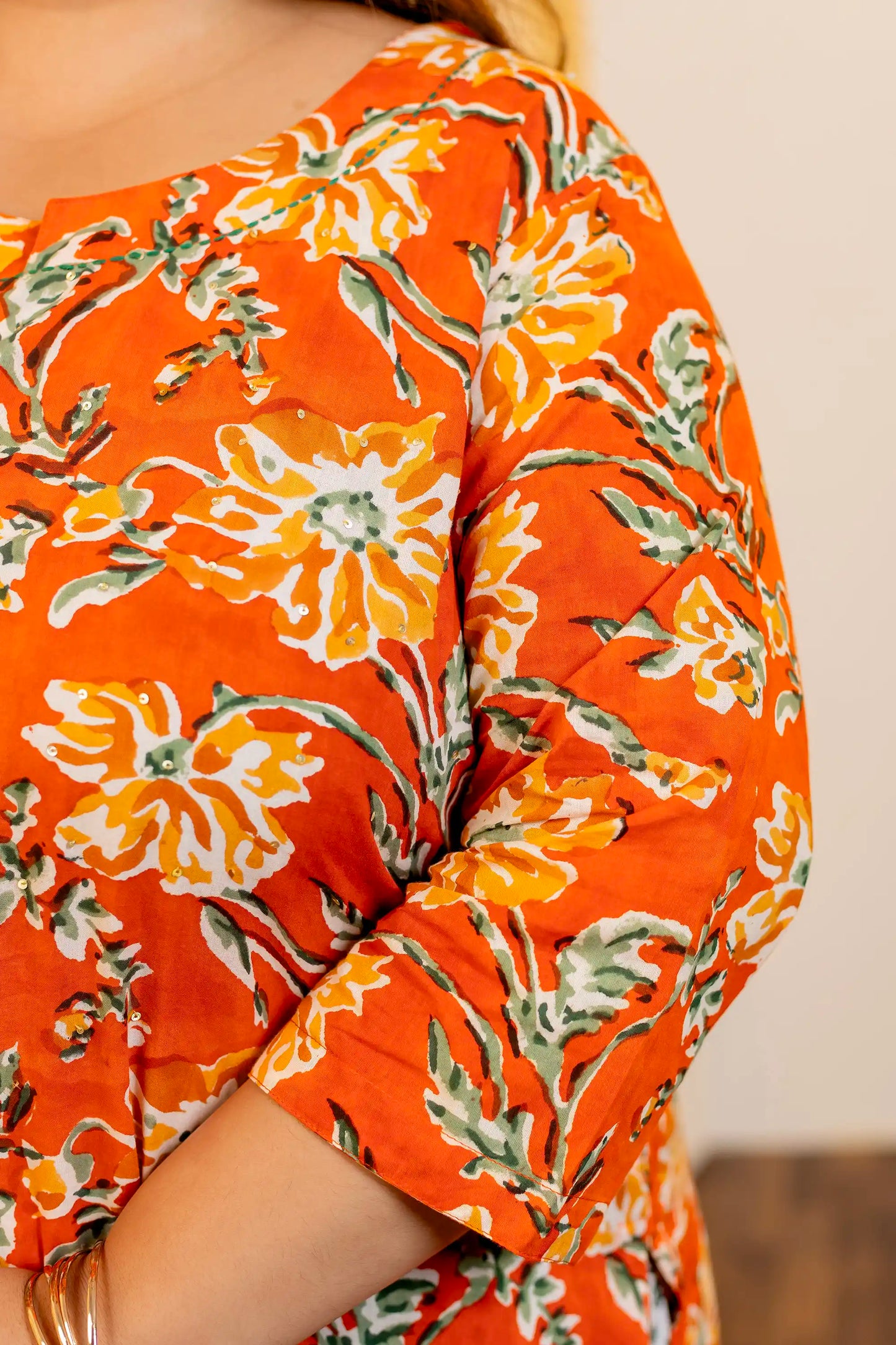 Orange Handblock Plus Size Suit Set