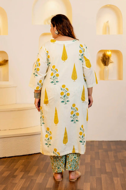 Yellow Leaf Cotton Plus Size Suit Set