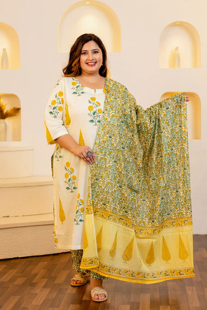 Yellow Leaf Cotton Plus Size Suit Set