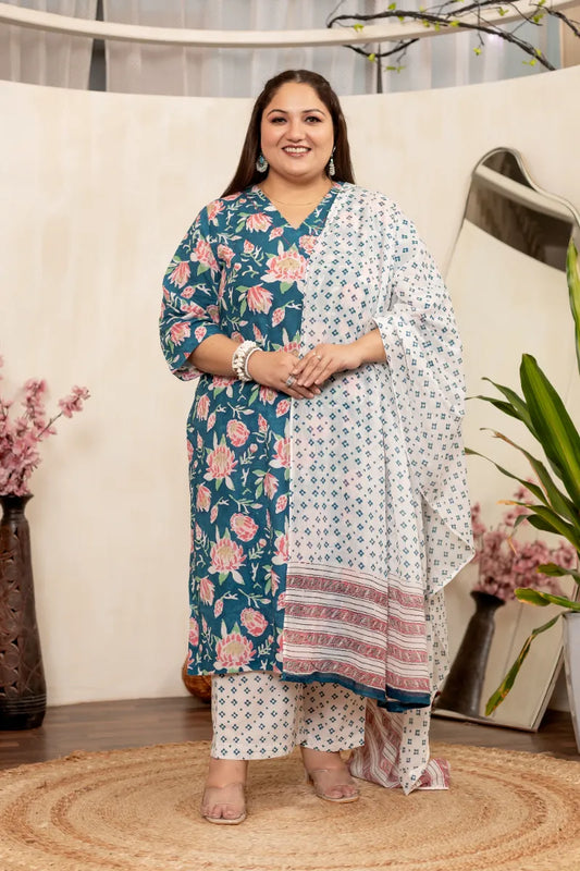 Blue Pink Floral Plus Size Handblock Suit Set