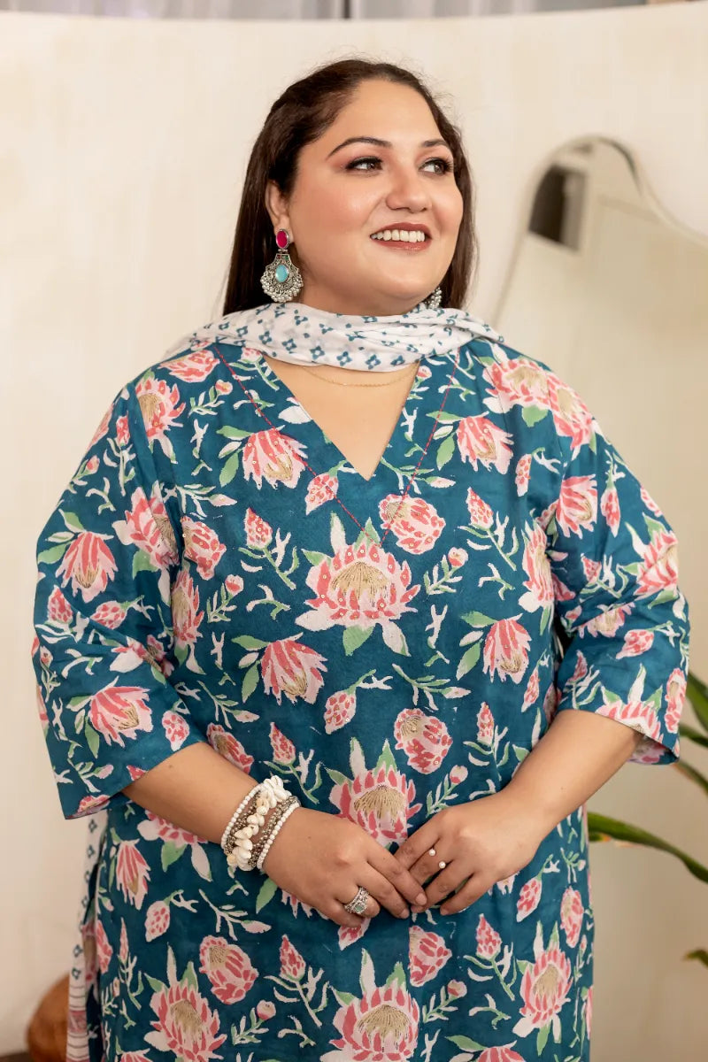 Blue Pink Floral Plus Size Handblock Suit Set