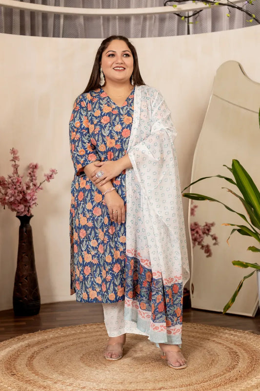 Blue Orange Floral Plus Size Handblock Suit Set