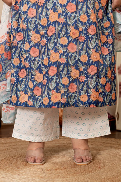 Blue Orange Floral Plus Size Handblock Suit Set