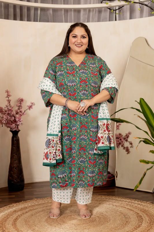 Green Red Floral Plus Size Handblock Suit Set