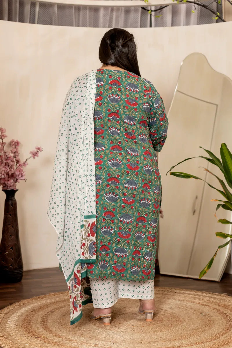 Green Red Floral Plus Size Handblock Suit Set