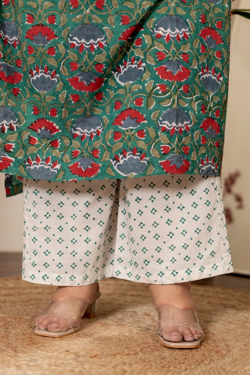 Green Red Floral Plus Size Handblock Suit Set