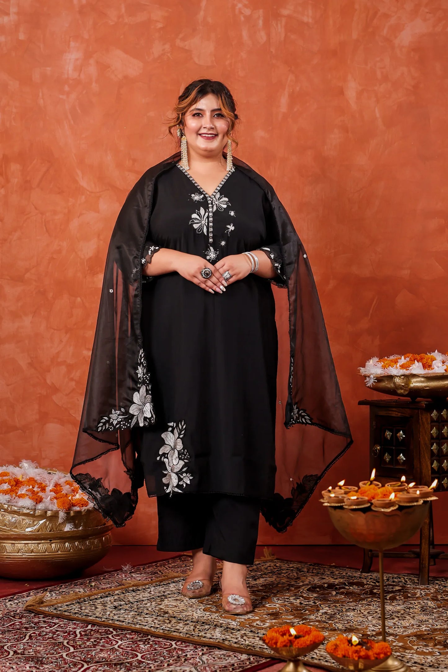 Black Saanjh Organza Dupatta Plus Size Suit