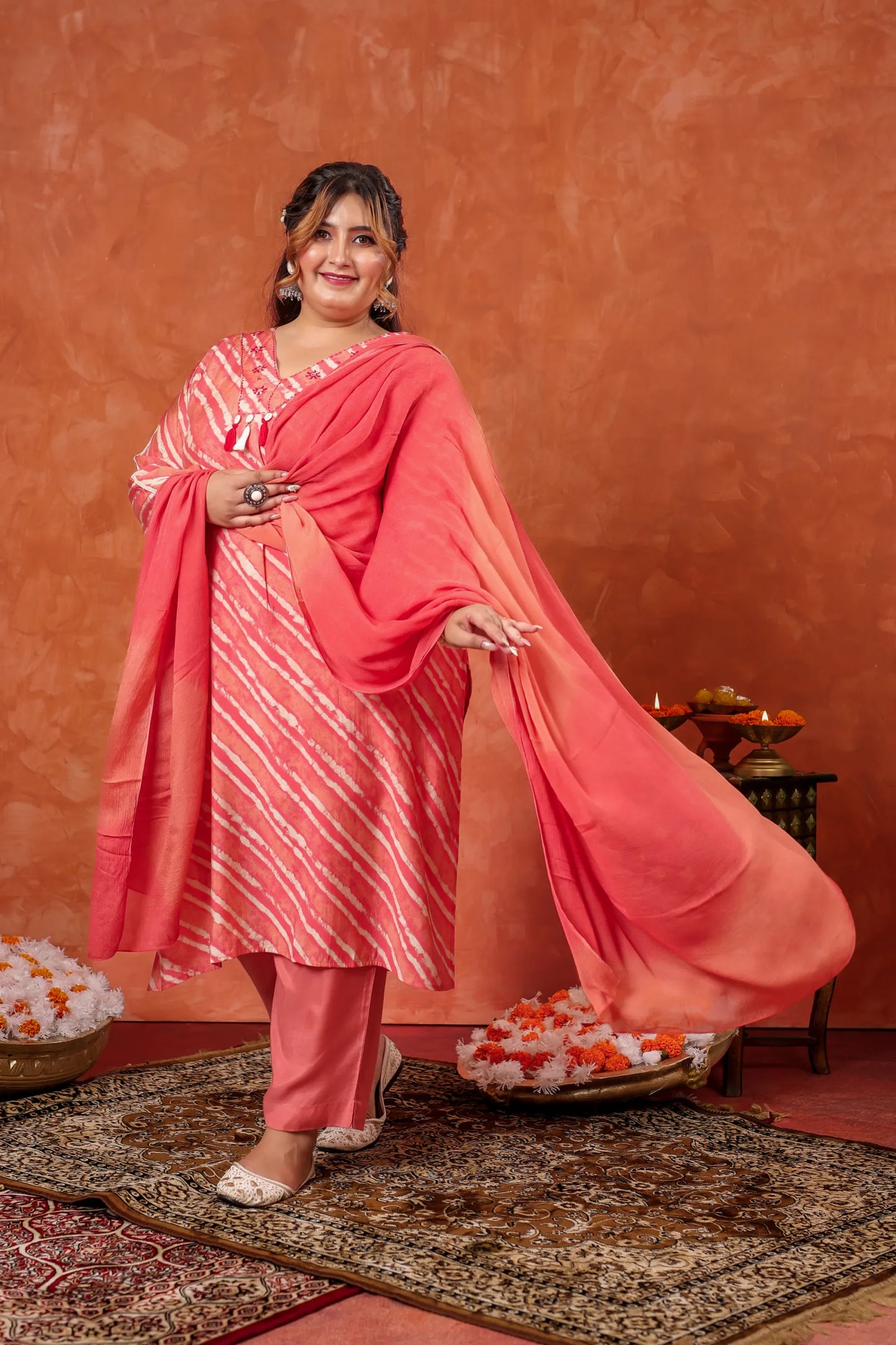 Navya Peach Leheriya Plus Size Suit