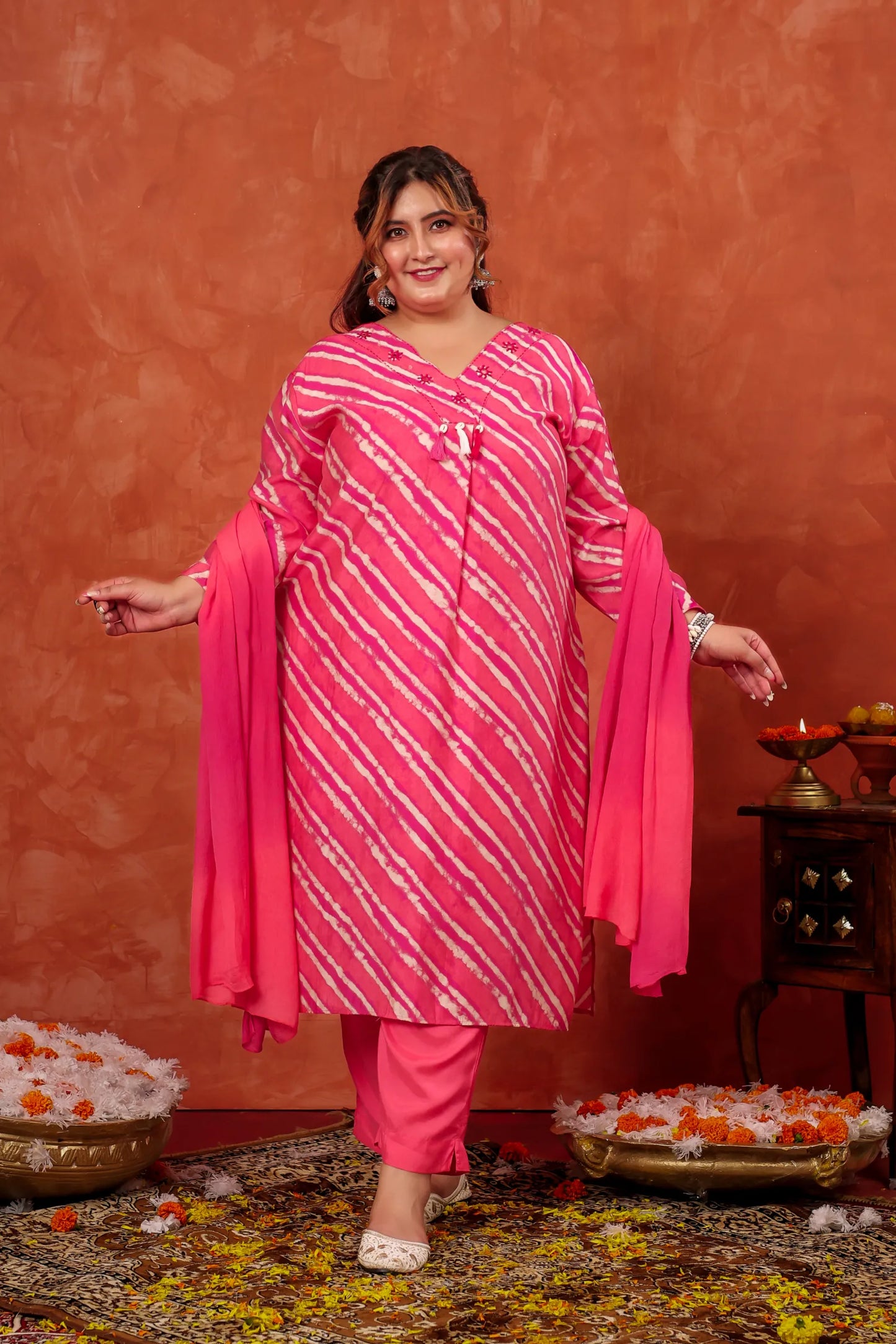 Navya Pink Leheriya Plus Size Suit