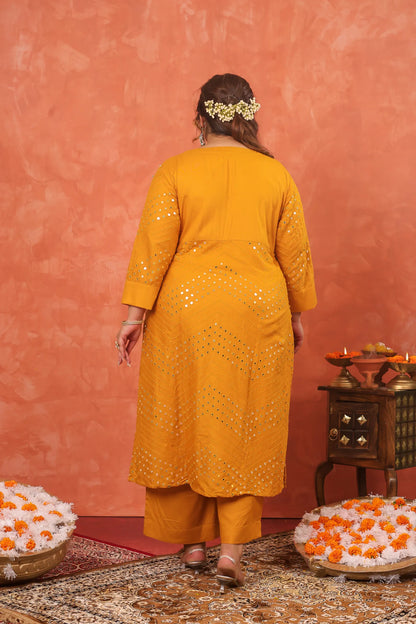 Mehboob Mustard Mirror-work Plus Kurta Pant Set