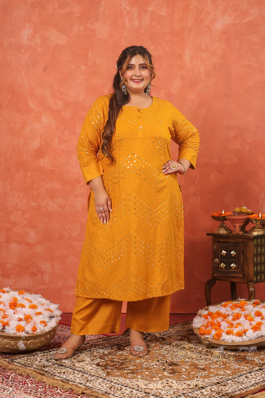 Mehboob Mustard Mirror-work Plus Kurta Pant Set