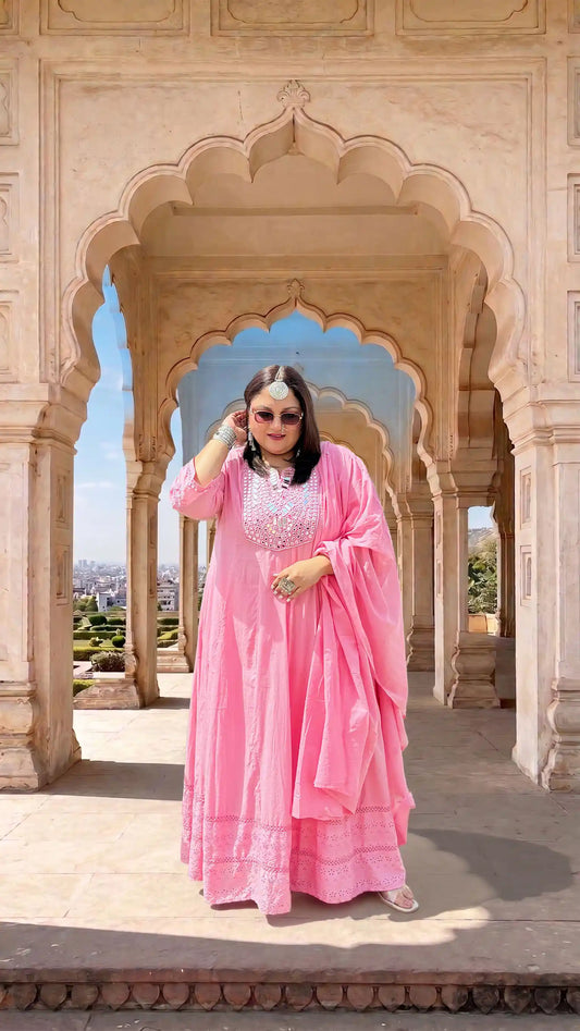 Pink Mirror Detailing A-line Plus Size Suit Set