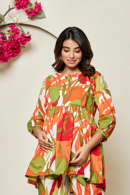 Cuchikoo by Laali Orange Green Abstract Maternity Co-ord