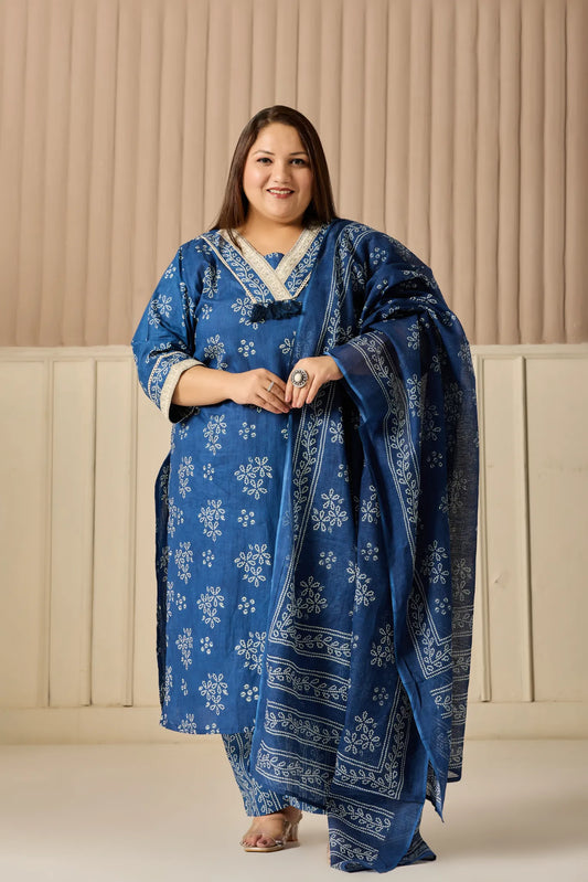 Indigo Blue V-neck Plus Size Suit Set